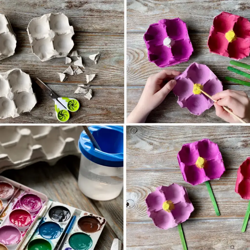 Blumen aus Eierkartons basteln und bemalen – kreative Frühlingsidee für Kinder mit Wasserfarben