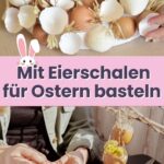 Upcycling mit Eierschalen als Deko: Kleine Pflanzgefäße aus Eierschalen mit Kresse, dekorativ arrangiert in einem Eierkarton. Diese nachhaltige Bastelidee ist ideal für Osterbasteln, Frühling und kreative DIY-Projekte mit Kindern.