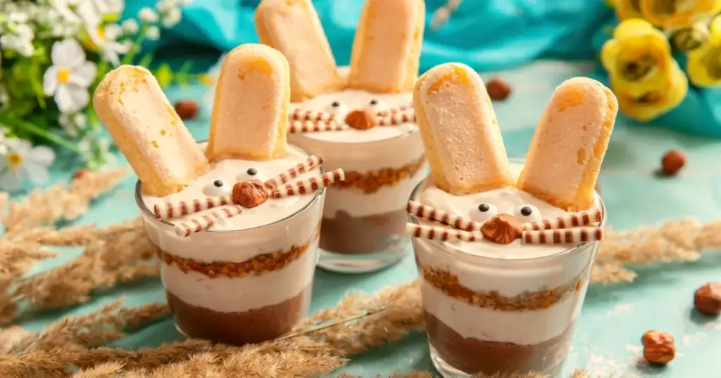 Süßes Osterhasen-Schichtdessert im Glas mit Quark und Schokolade, dekoriert mit Löffelbiskuit als Hasenohren