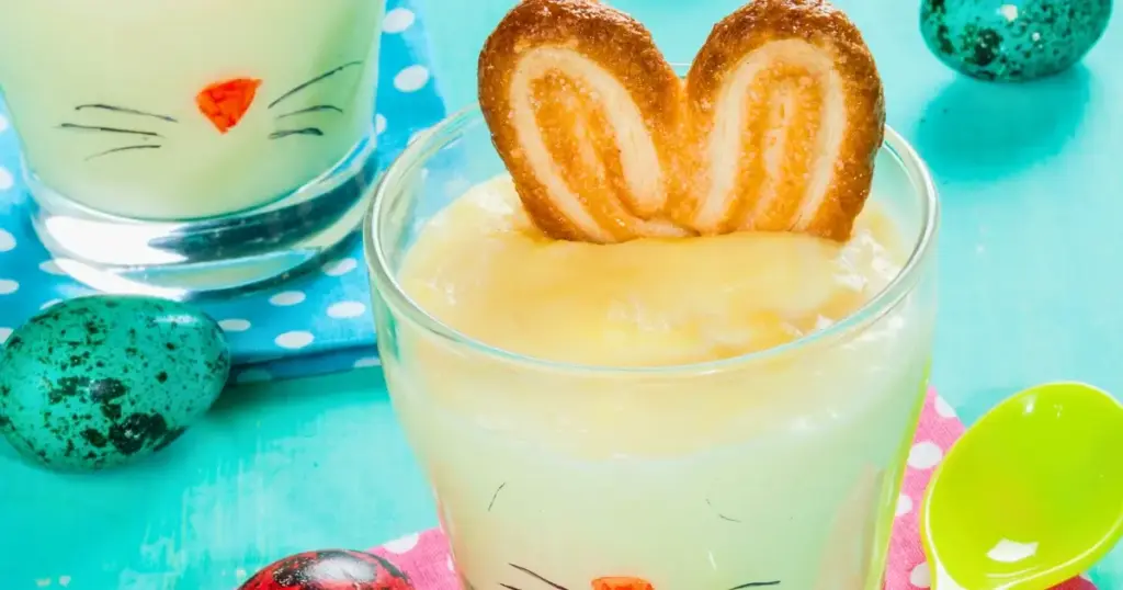 Süßes Osterhasen-Schichtdessert im Glas mit Quark und Schokolade, dekoriert mit Schweineöhrchen als Hasenohren