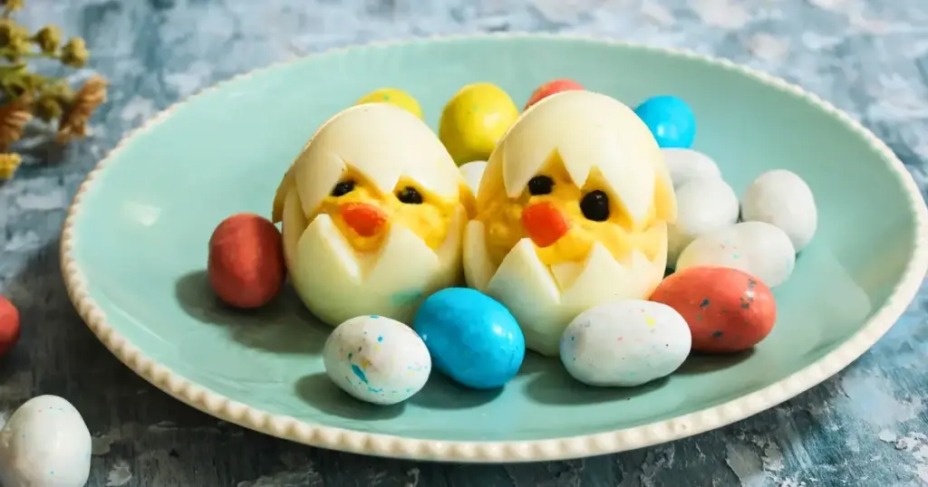 Hartgekochte Eier mit zickzack-förmig geschnittenem Rand, gefüllt mit cremiger Masse, dekorativ für den Osterbrunch.
