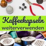 Gartendeko mit Kaffeekapseln: Bunte Nespresso-Kapseln hängen als schützende Reflektoren in den Bäumen, um Vögel zu warnen. Kaffeekapseln weiterverwenden für umweltfreundliche DIY-Deko im Garten.