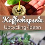 Festliche Weihnachtsdeko aus Kaffeekapseln: Ein DIY-Türkranz aus Nespresso-Kapseln, kombiniert mit Lichtern und Dekoelementen. Weihnachtsglöckchen aus Kaffeekapseln sind eine schöne Upcycling-Idee für nachhaltiges Basteln.