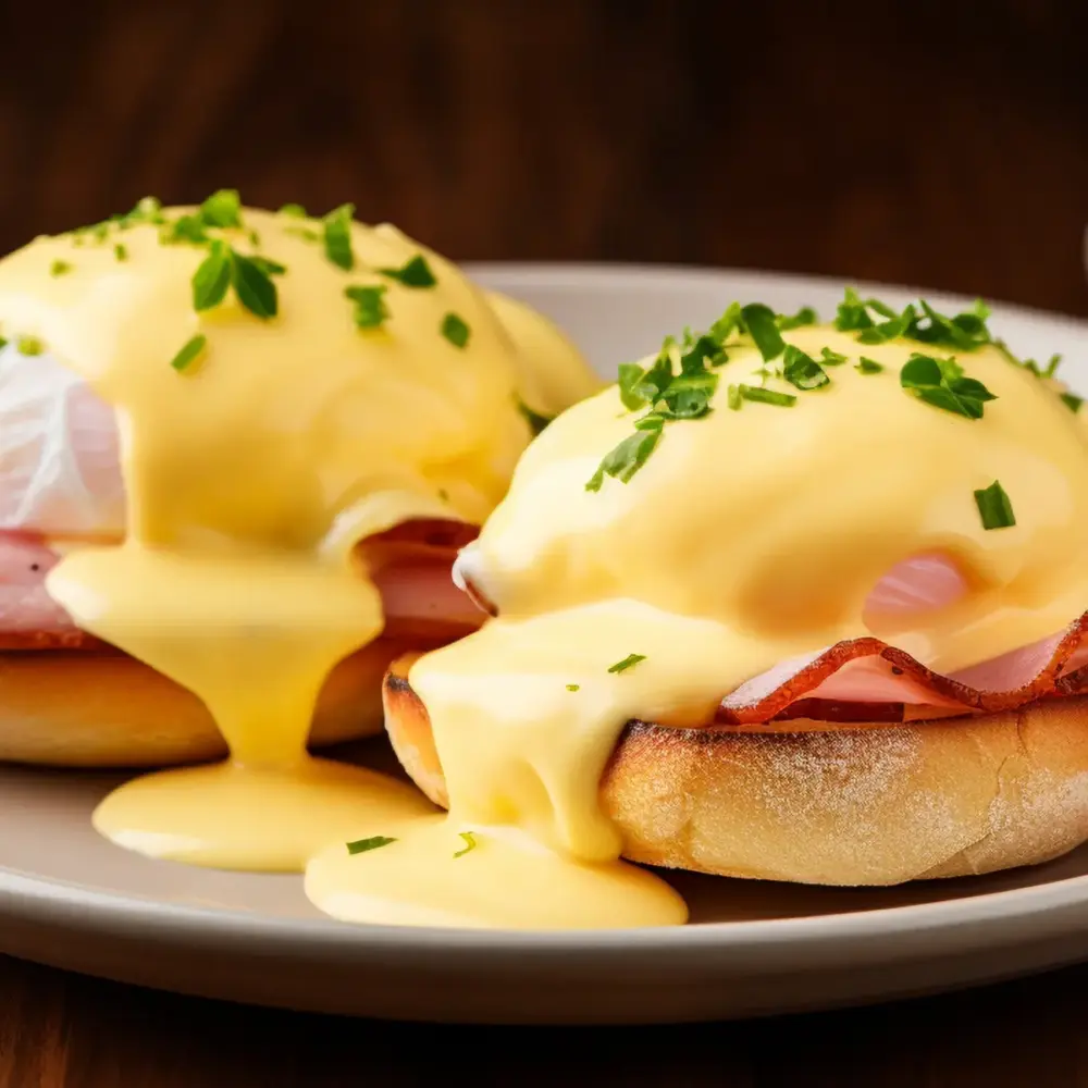 Eier Benedict mit pochiertem Ei, Schinken und Sauce Hollandaise auf einem Toastbrötchen