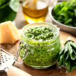 Leuchtend grünes Bärlauchpesto im Einmachglas – daneben Parmesan, Olivenöl und frischer Bärlauch