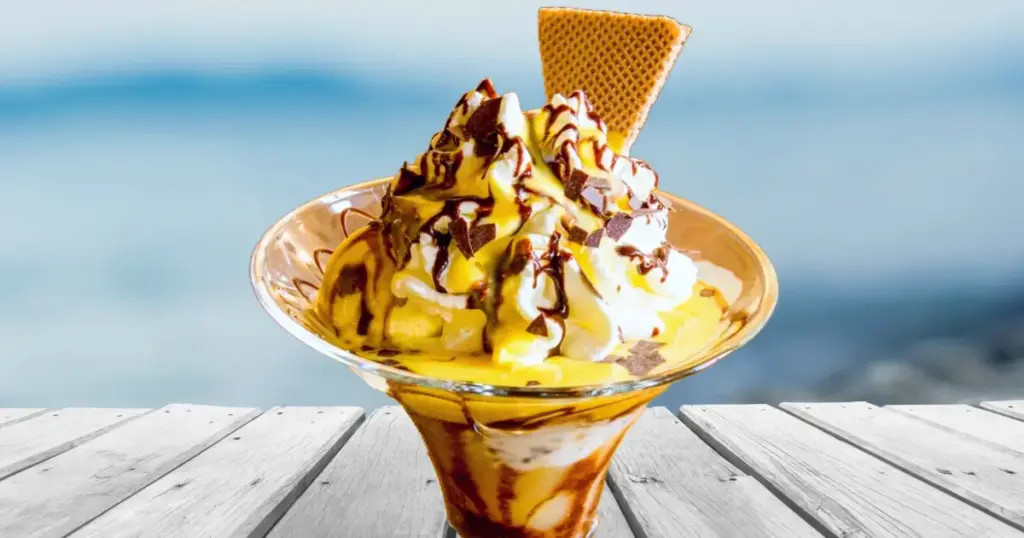 Eierlikör-Dessert mit Vanilleeis, Sahne und Schokosauce – cremiger Eisbecher mit Eierlikör als Highlight für Ostern oder Frühling