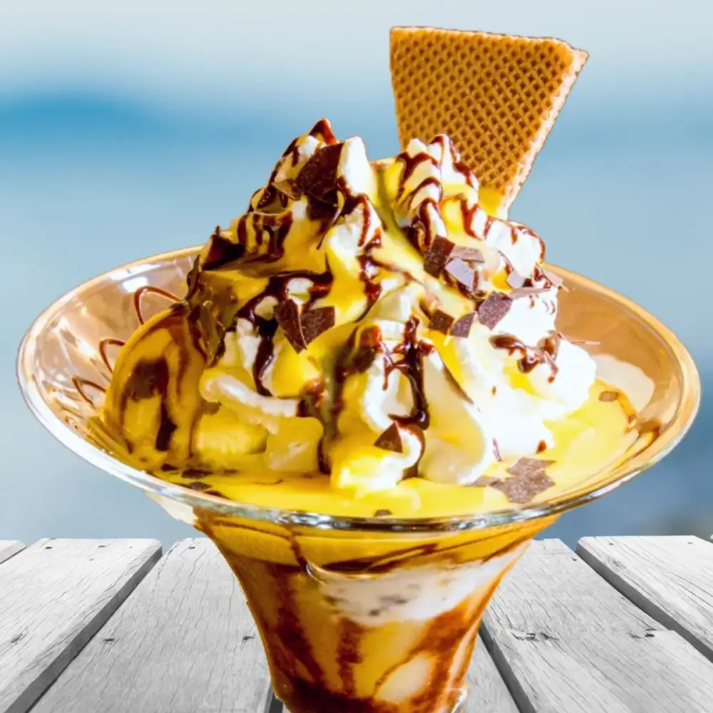 Eierlikör-Dessert mit Vanilleeis, Sahne und Schokosauce – cremiger Eisbecher mit Eierlikör als Highlight für Ostern oder Frühling