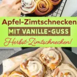 Leckere herbstliche Zimtschnecken mit Apfel und Vanilleguss.