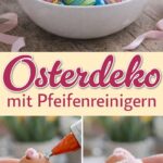 Osterschale mit selbstgemachten Pfeifenreiniger-Eiern, Frühlingszweigen, gelben Blüten, Schoko-Ostereiern und kleinen Osterhasen.