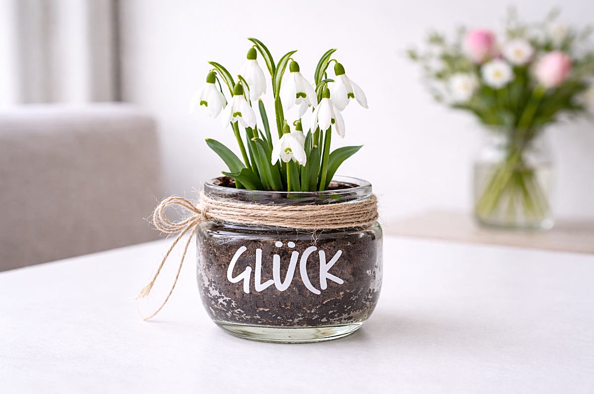 Glück Glas mit Schneeglöckchen