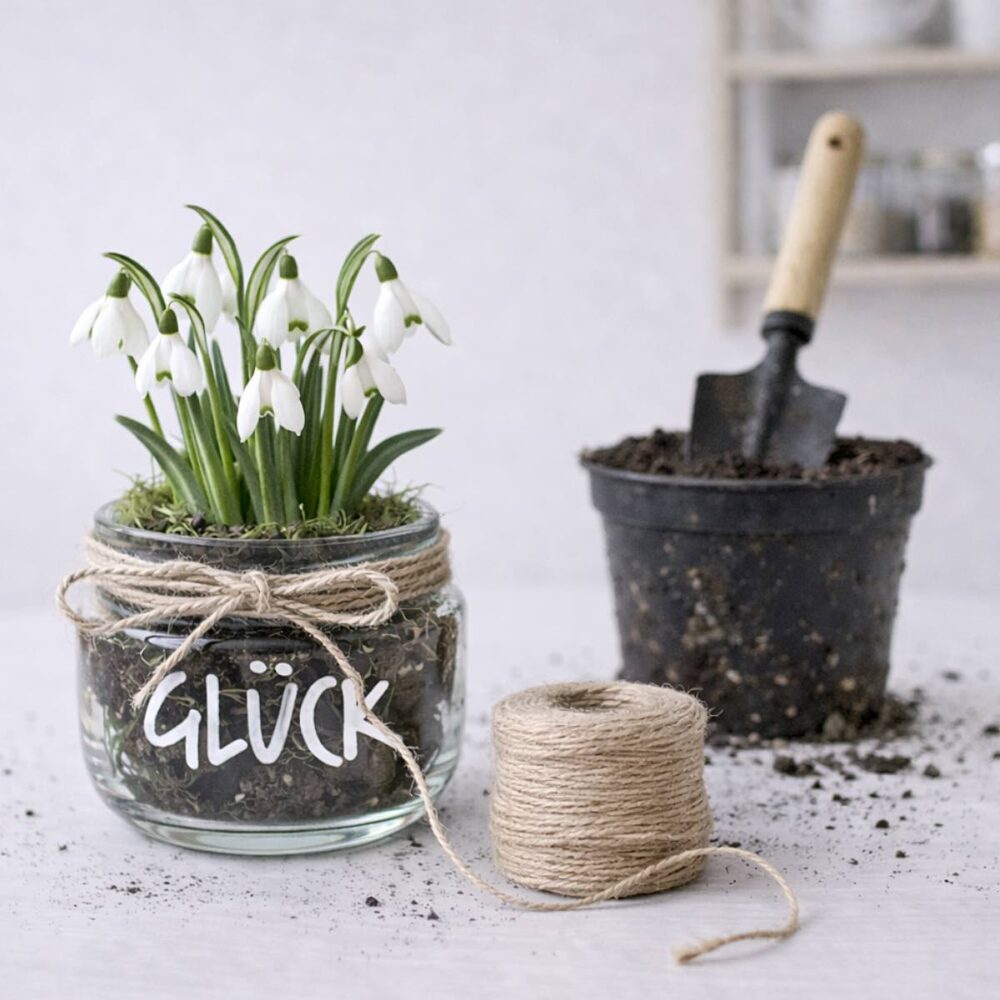 Glück Glas mit Schneeglöckchen