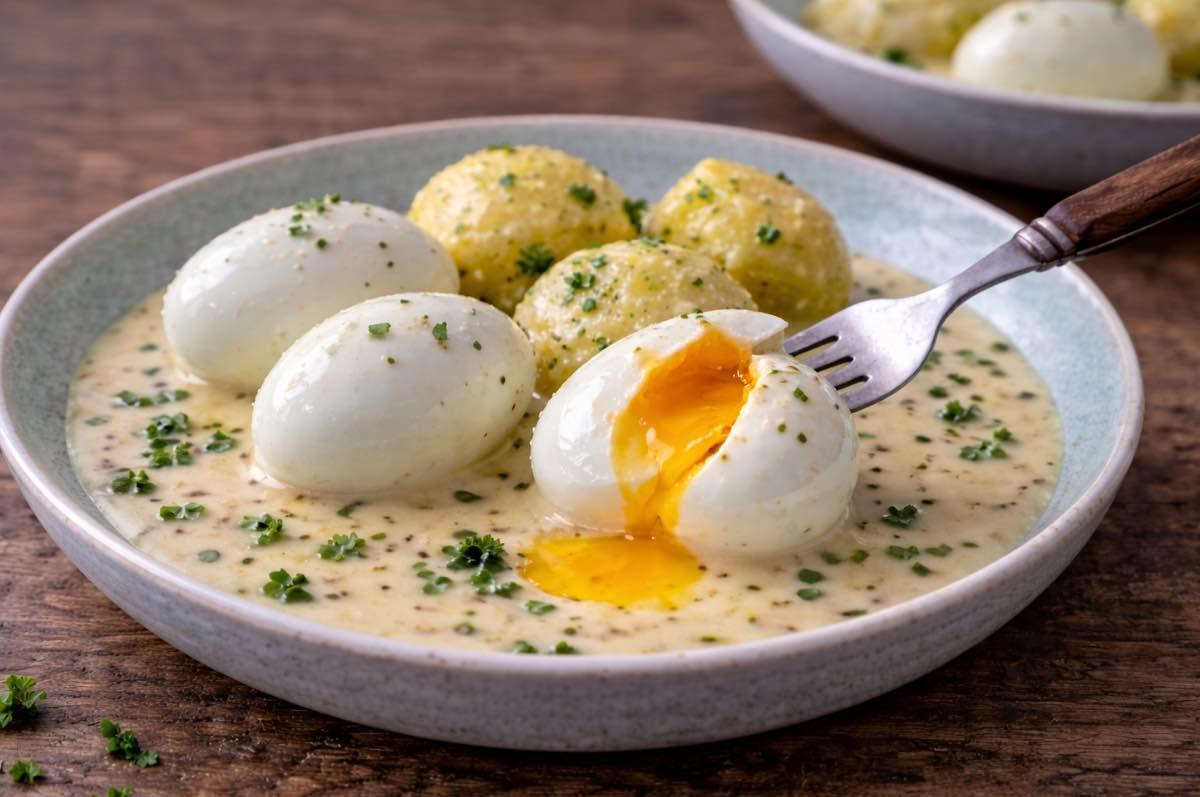 Senfeier mit gekochten Kartoffeln