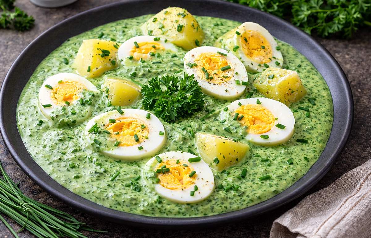 Frankfurter Grüne Soße mit gekochten Eiern und Kartoffeln