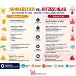 Infografik zum Thema Sonnenstich mit Informationen zu Ursachen, Symptomen und Erste-Hilfe-Maßnahmen. Die Grafik erklärt außerdem die Unterschiede zum Hitzeschlag und zeigt, wann ärztliche Hilfe nötig wird.
