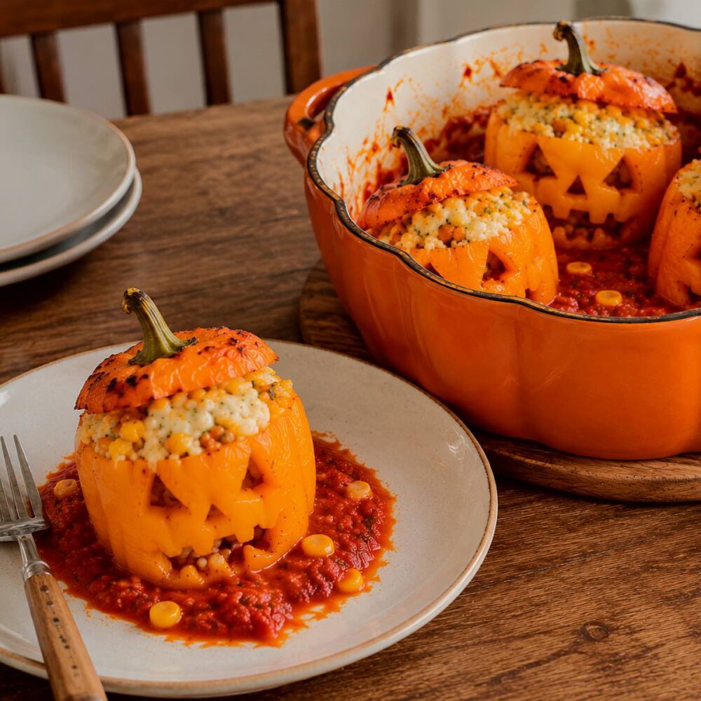 Leckere gefüllte Halloween-Paprika Monster