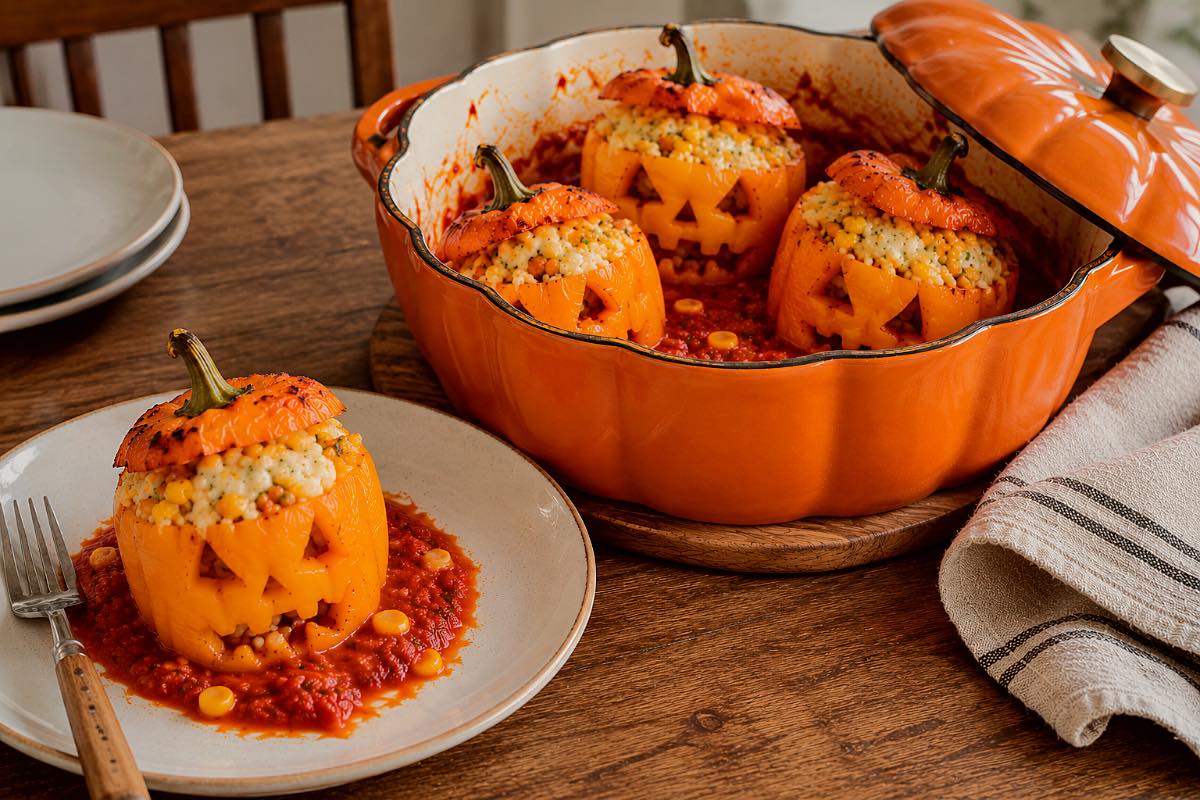 Leckere gefüllte Halloween-Paprika Monster