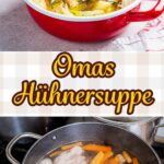 Rezept für selbst gemachte Hühnerbrühe aus einem ganzen Suppenhuhn, Möhren, Sellerie, Lauch, Zwiebel und Gewürzen. Die Zutaten werden langsam ausgekocht und die Brühe anschließend abgeseiht. Als Grundlage für klassische Hühnersuppe mit Gemüse und Fleisch.