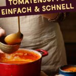Schnelle einfache Tomatensuppe aus Dosentomaten mit Tomatenmark, Zwiebeln, Knoblauch und Kräutern, die cremig püriert und optional mit Sahne verfeinert wird.